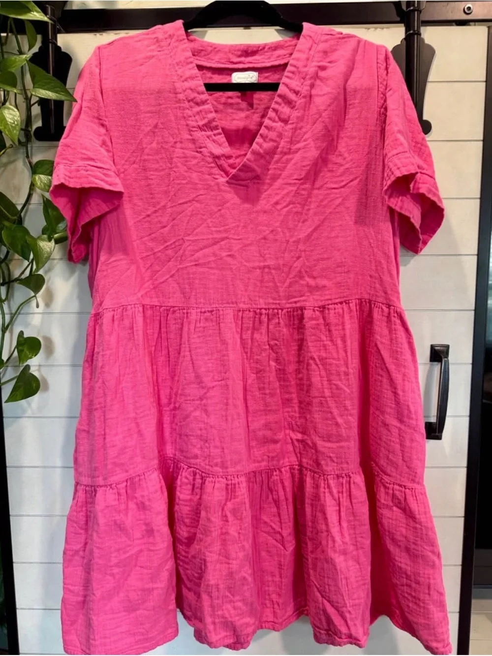 Mud Pie Hot Pink Tiered Gauze V-Neck Dress 100% Cotton